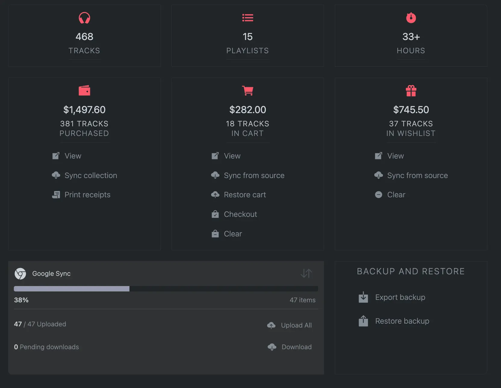 Dashboard view showing all the track counts and price estimates