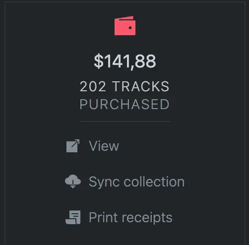 Purchases box showing track counts and prices for your Bandcamp purchased collection