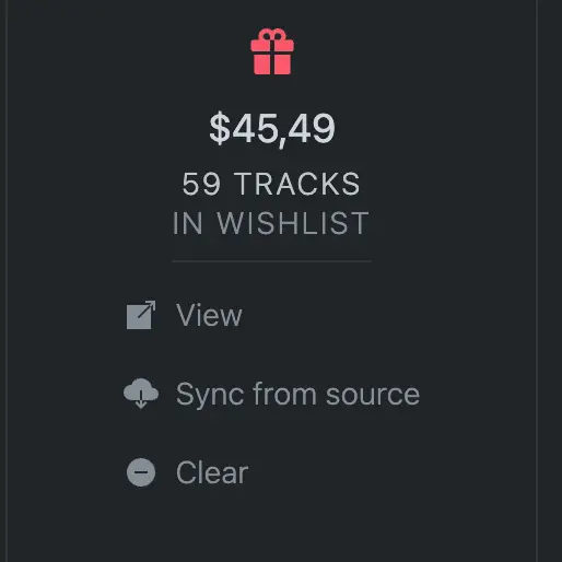 Wishlist box showing track counts and prices for your Bandcamp wishlist