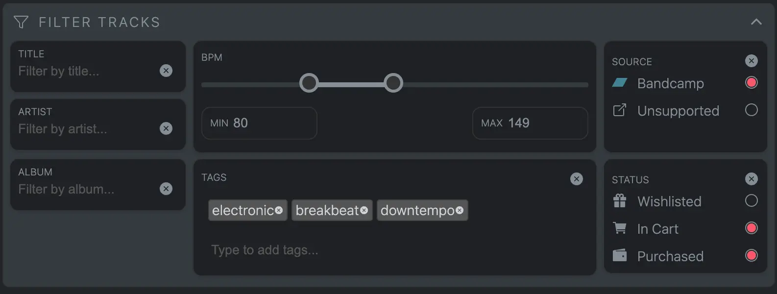 Screenshot of playlist filtering section