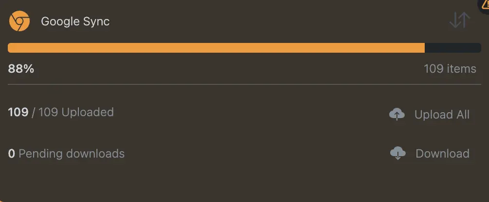 Dashboard screenshot showing Google Sync storage capacity loading bar, pending uploads and pending downloads