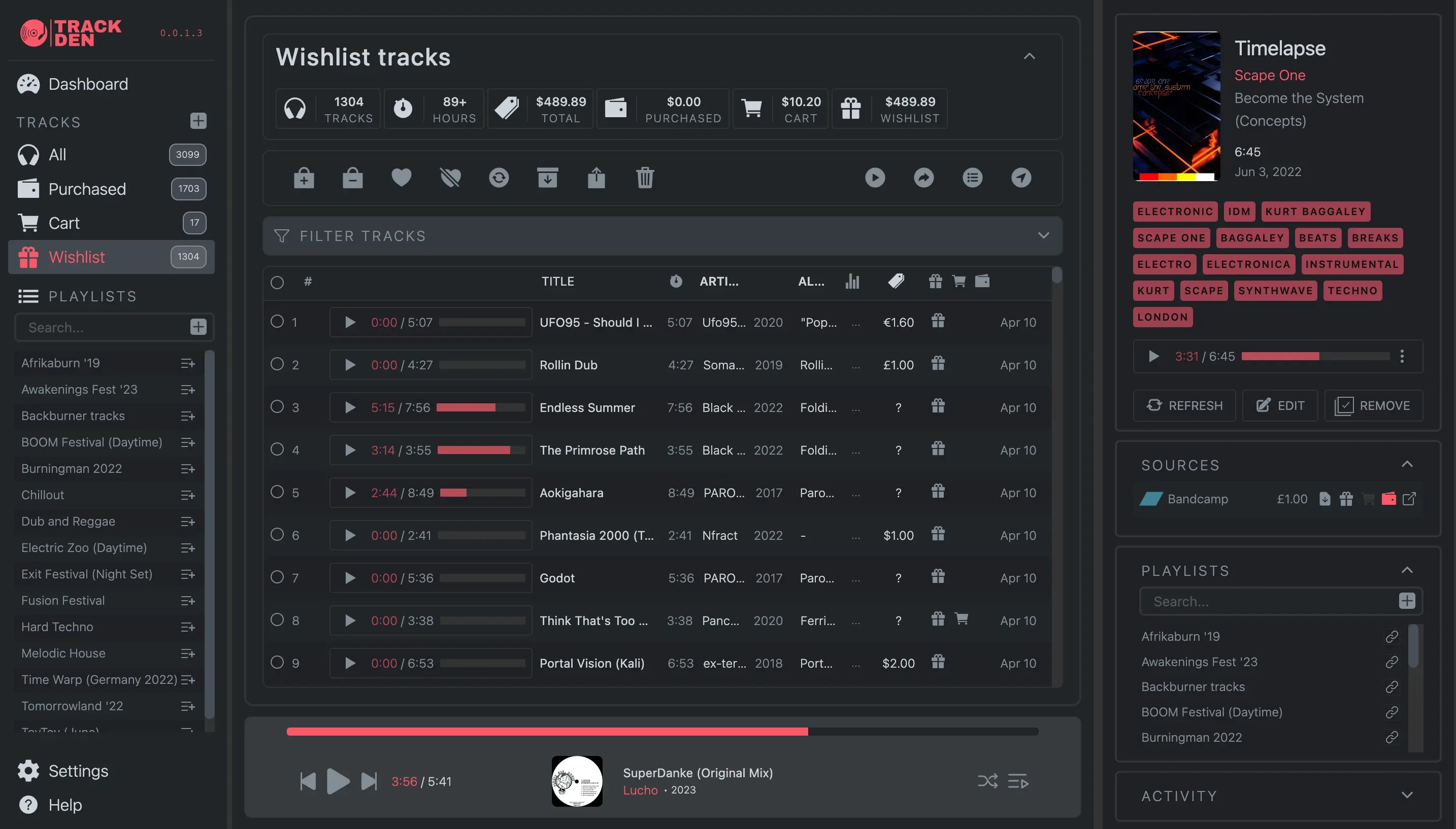 Screenshot of TrackDen showing the full screen with the
              sidebar on the left, playlist section in the middle, and current
              selected track on the right