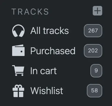 Section of side bar showing the options for all tracks, in cart, purchased and in wishlist songs