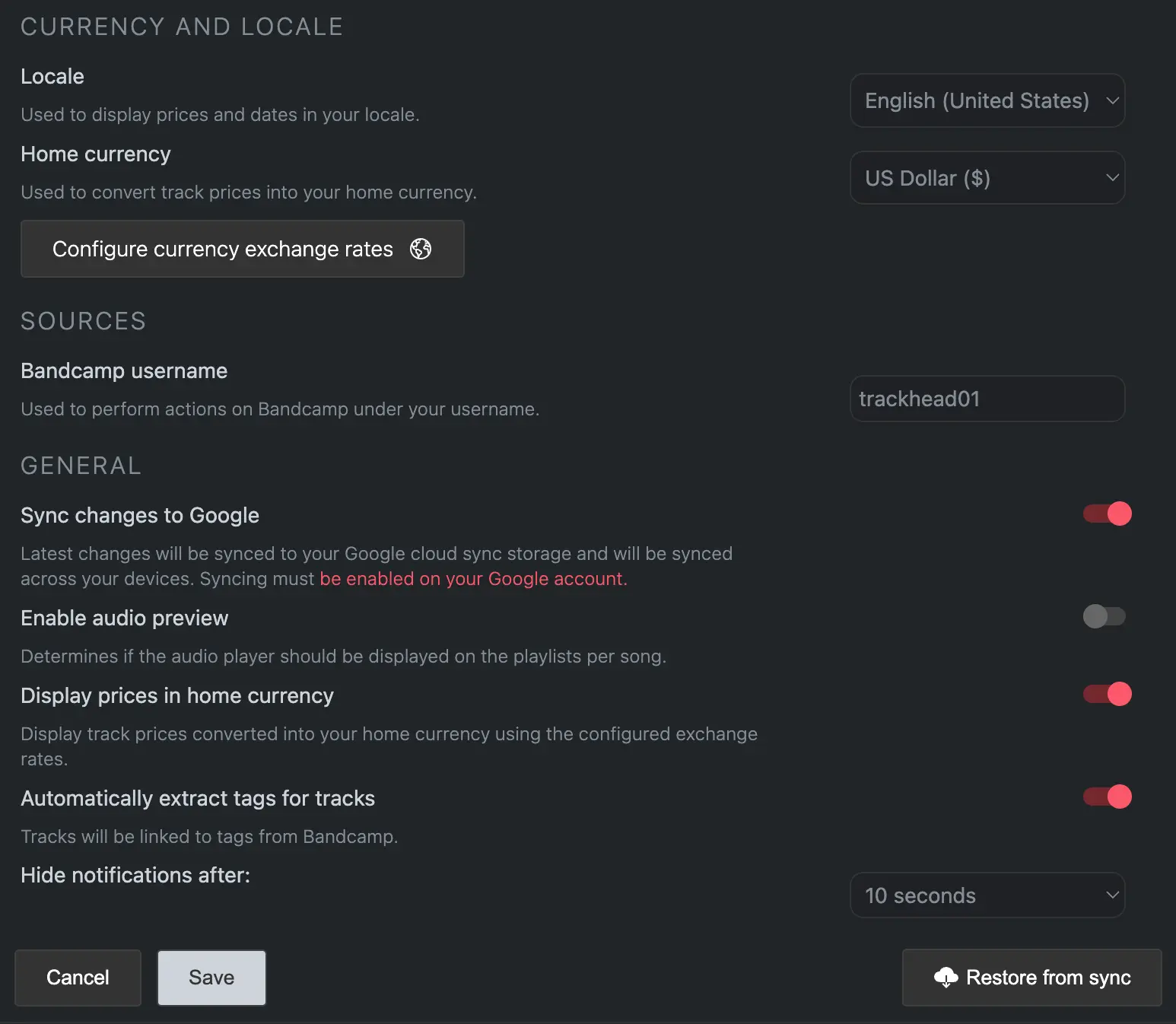 Settings form containing the editable user preferences