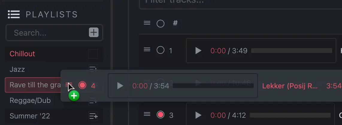 Linking playlist tracks to another playlist by dragging and dropping selected songs