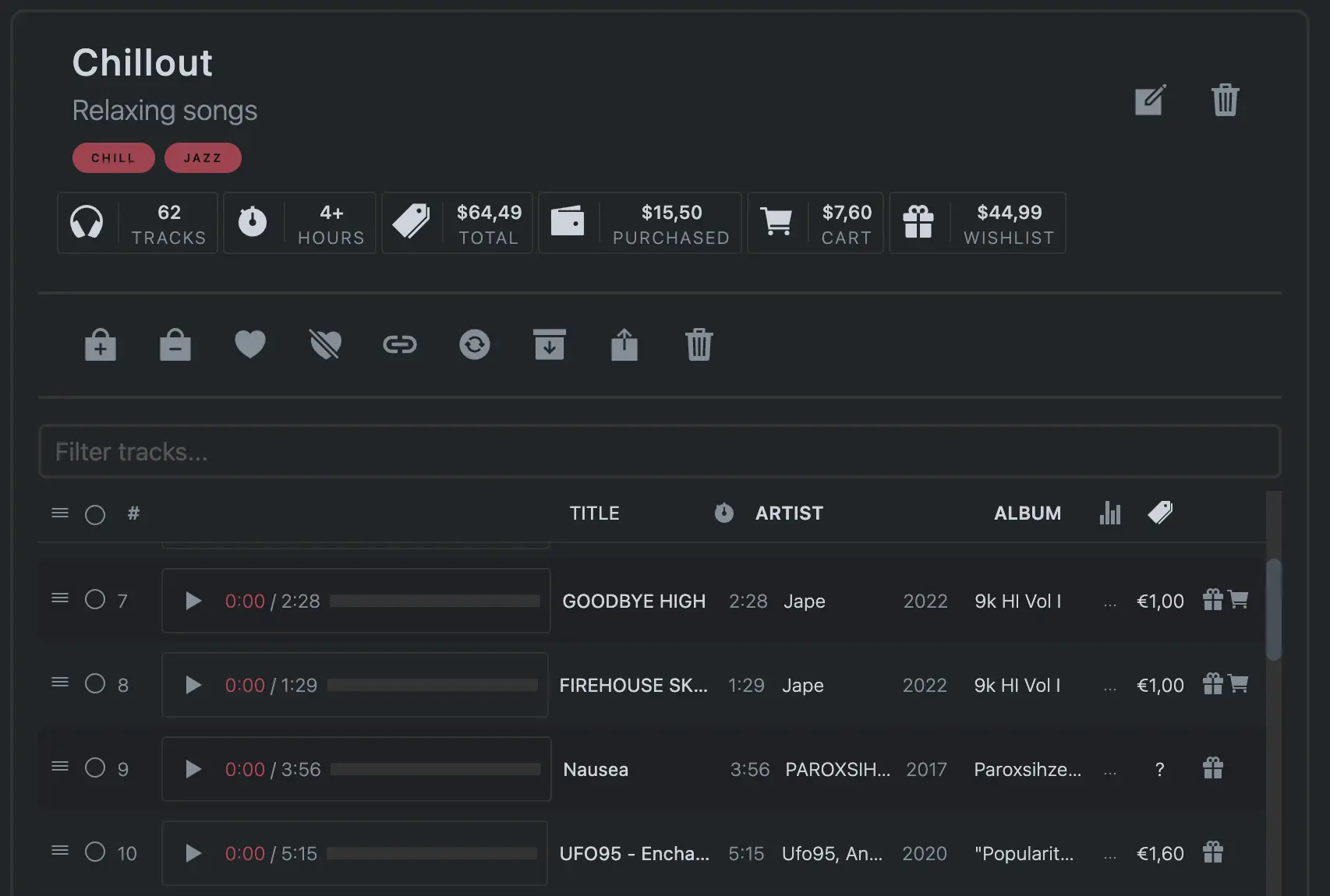 Playlist view showing playlist summary of counts and songs in the current playlist