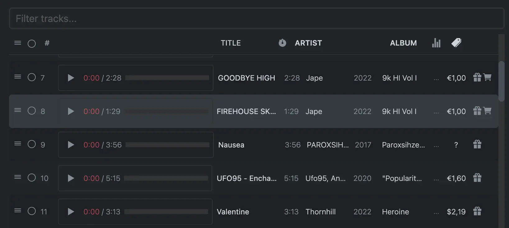 Section with a table of songs in the playlist