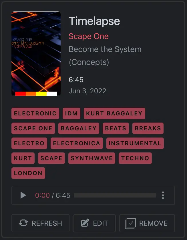 Current songs main details display such as title, album and audio player