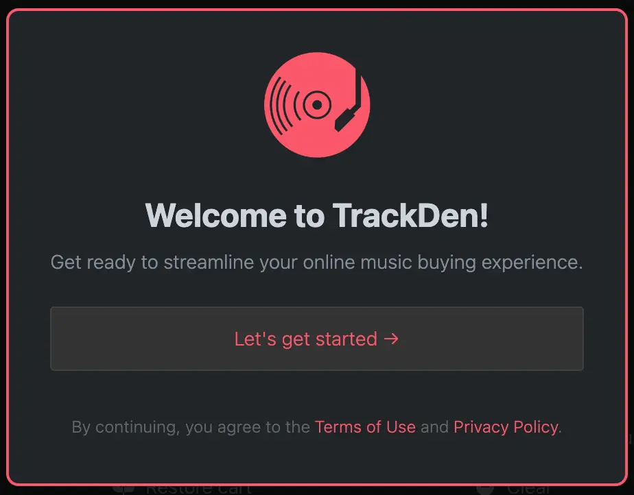 Welcome splash screen of TrackDen